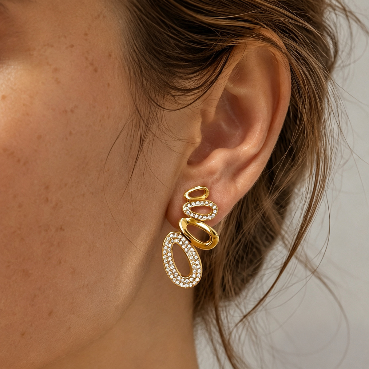 Stainless Steel Linked Oval Full Diamond Long Earrings