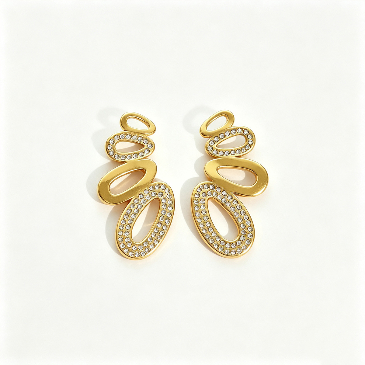 Stainless Steel Linked Oval Full Diamond Long Earrings - Image 3