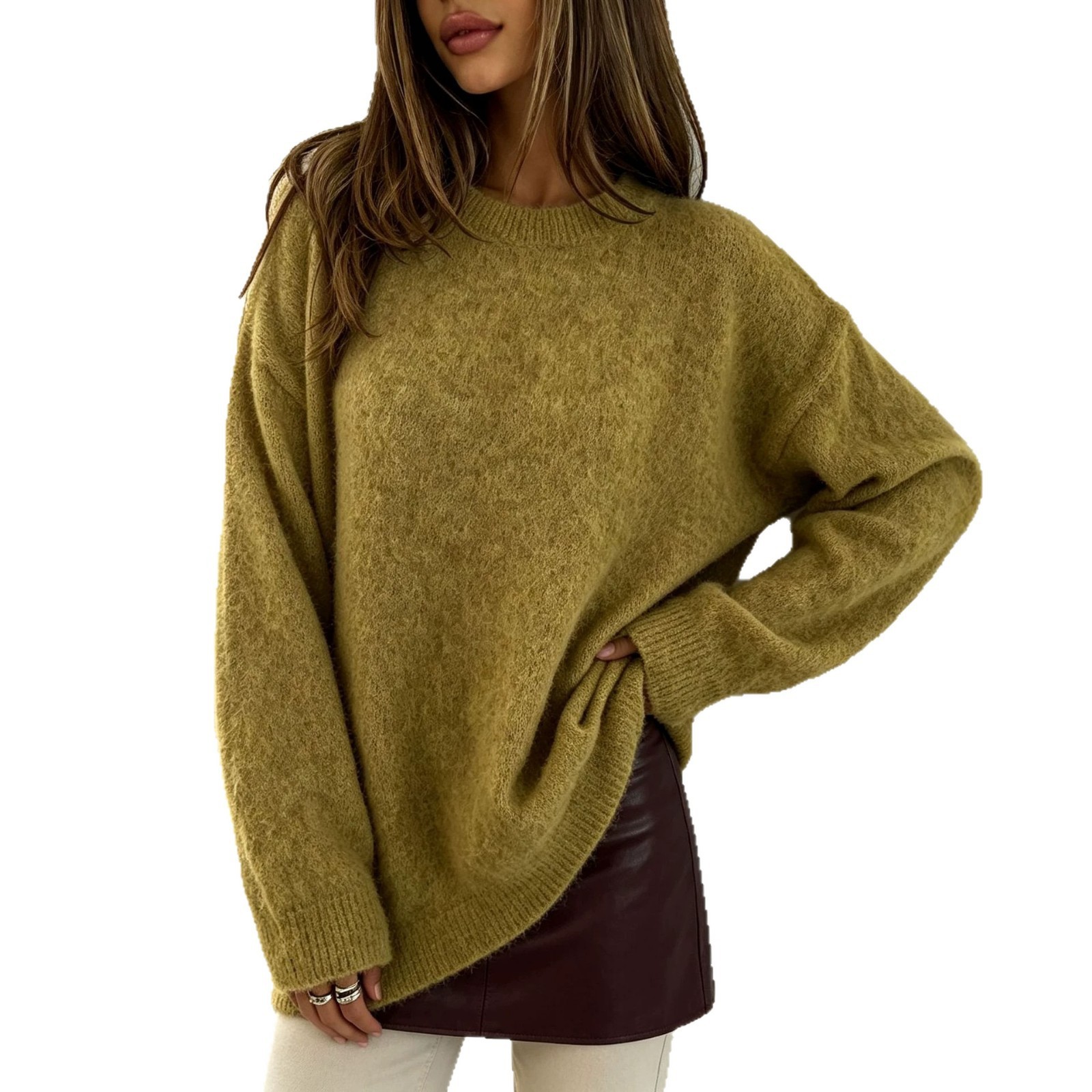 Loose-fitting Long-hair Alpaca Crew-neck Knit Sweater - Image 4