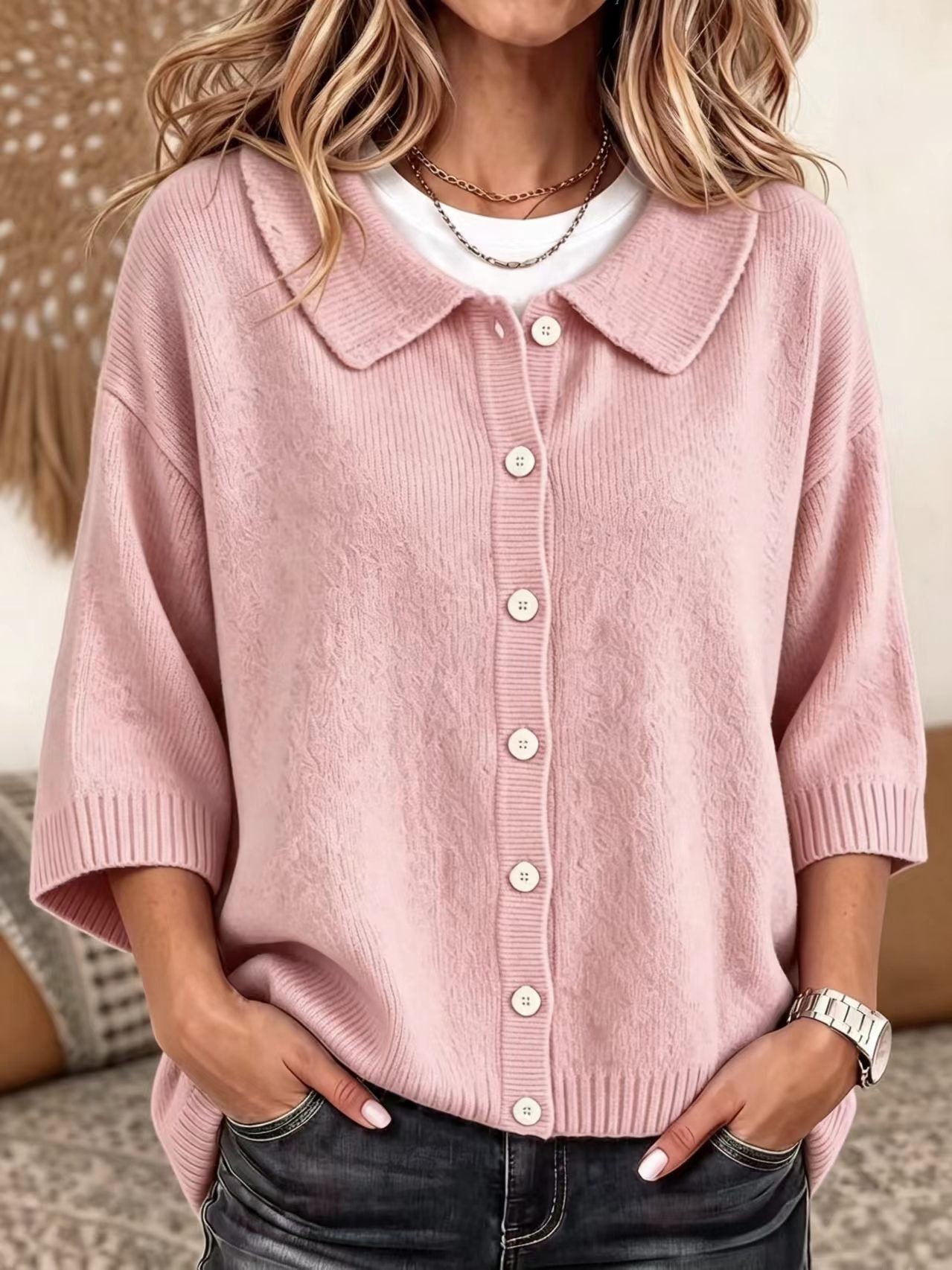Fashionable And Versatile Three-quarter-sleeve Button-up Sweater Cardigan - Image 6