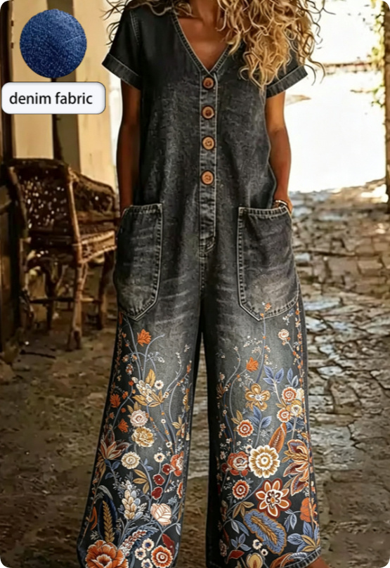 Buttoned Pockets Comfortable Short Sleeves Casual One-piece Wide-leg Jumpsuit - Image 2
