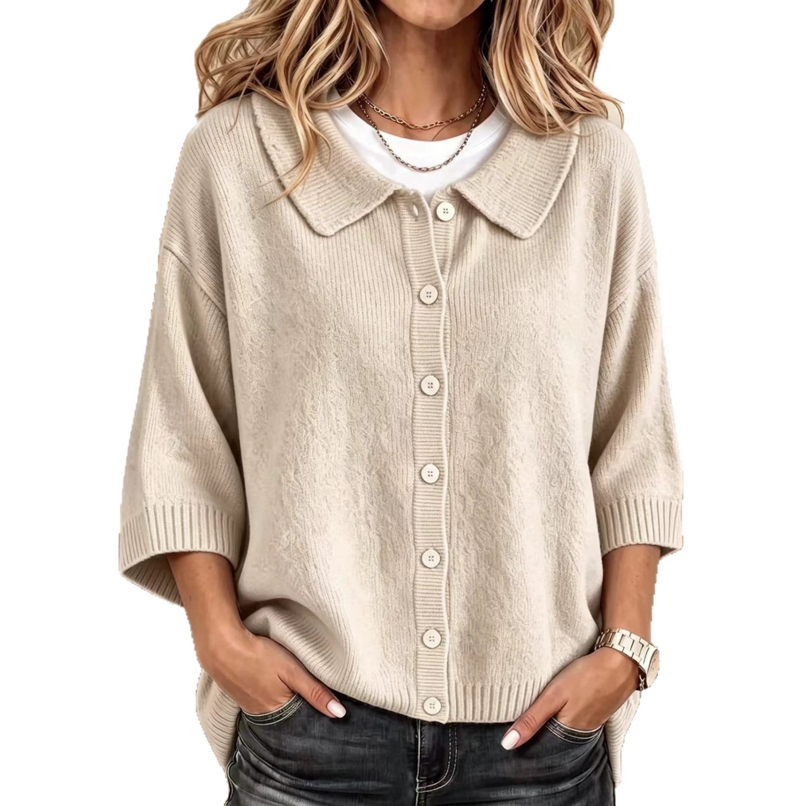 Fashionable And Versatile Three-quarter-sleeve Button-up Sweater Cardigan - Image 5