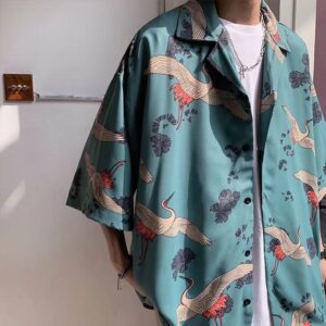 Men's Short-sleeve Shirt Summer Chinese-style Trendy Crane-printed Oversized Beach Shirt For Couples