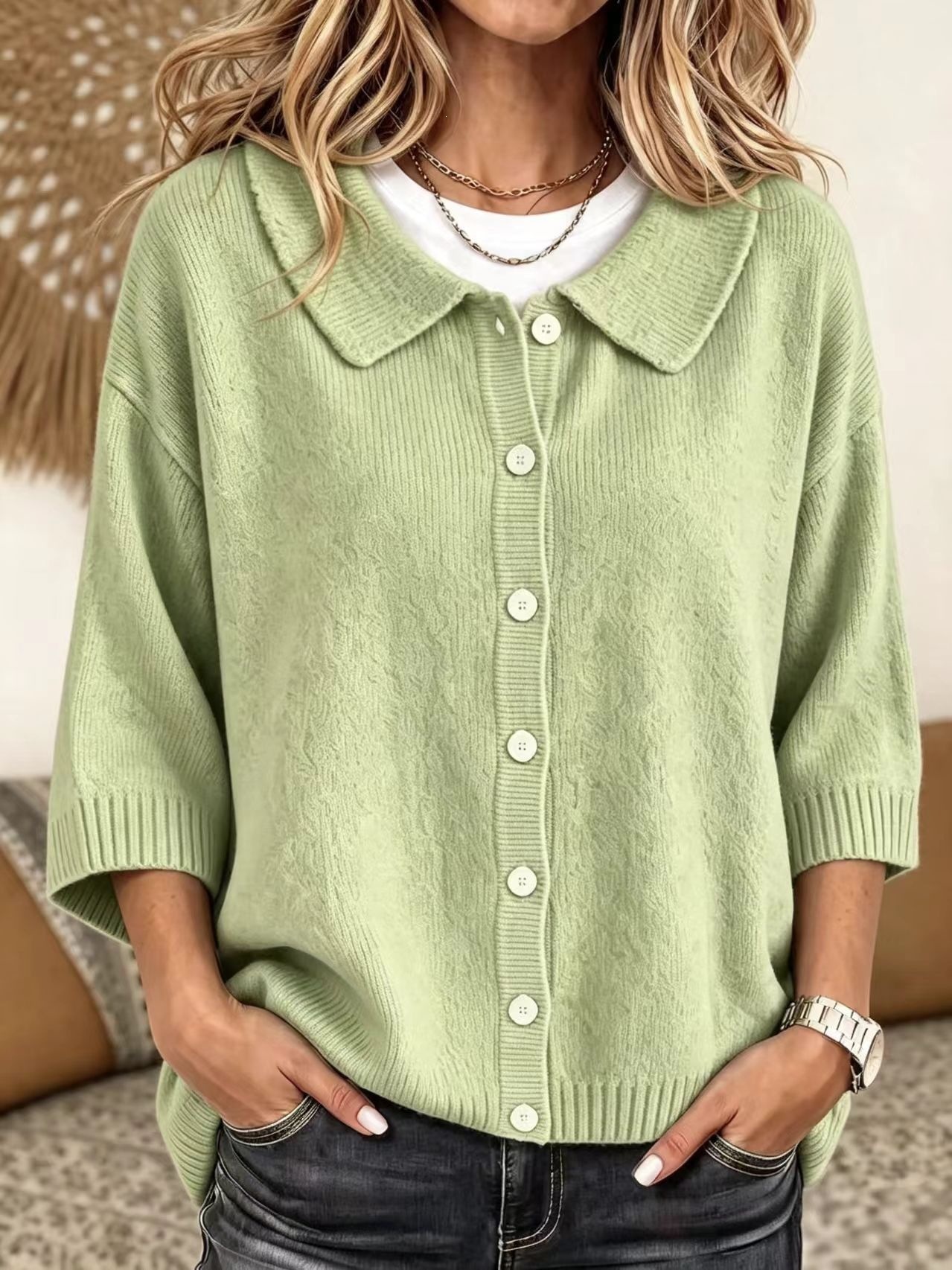 Fashionable And Versatile Three-quarter-sleeve Button-up Sweater Cardigan - Image 8