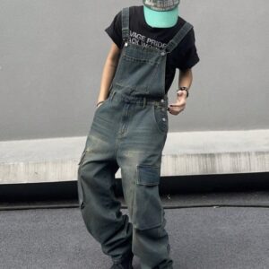 Mens Vintage Denim Bib Overalls Faded Wash Wide Leg Baggy Streetwear Dungarees US Warehouse Ready Stock