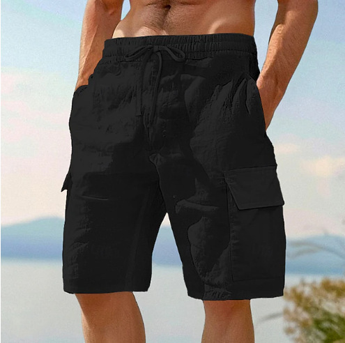 Beach Shorts With Elastic Waist Drawstring Multiple Pockets Solid Color - Image 6