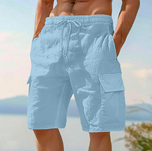 Beach Shorts With Elastic Waist Drawstring Multiple Pockets Solid Color - Image 7