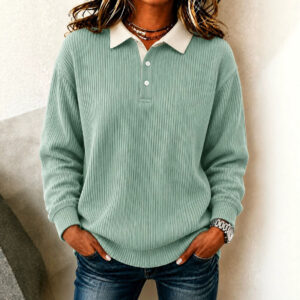Stylish, Casual, Versatile Long-sleeve Top With A Turn-down Collar And Ribbed Texture
