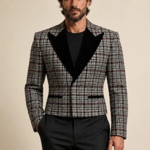 Men Cropped Plaid Tuxedo Blazer Black Velvet Peak Lapel Jacket Only