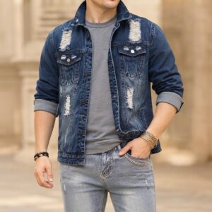 Plus Size Distressed Denim Jacket Men Vintage Ripped Jean Jacket Big And Tall US Ready Stock