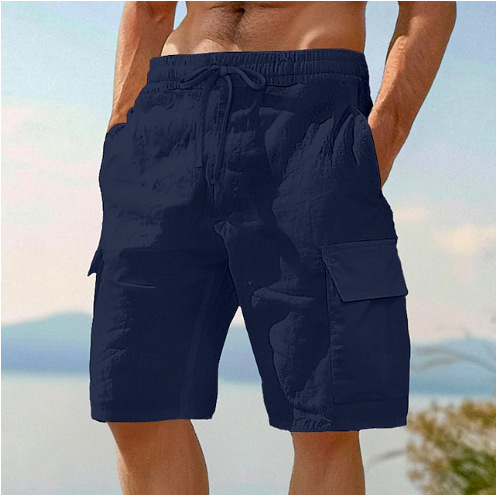 Beach Shorts With Elastic Waist Drawstring Multiple Pockets Solid Color - Image 2