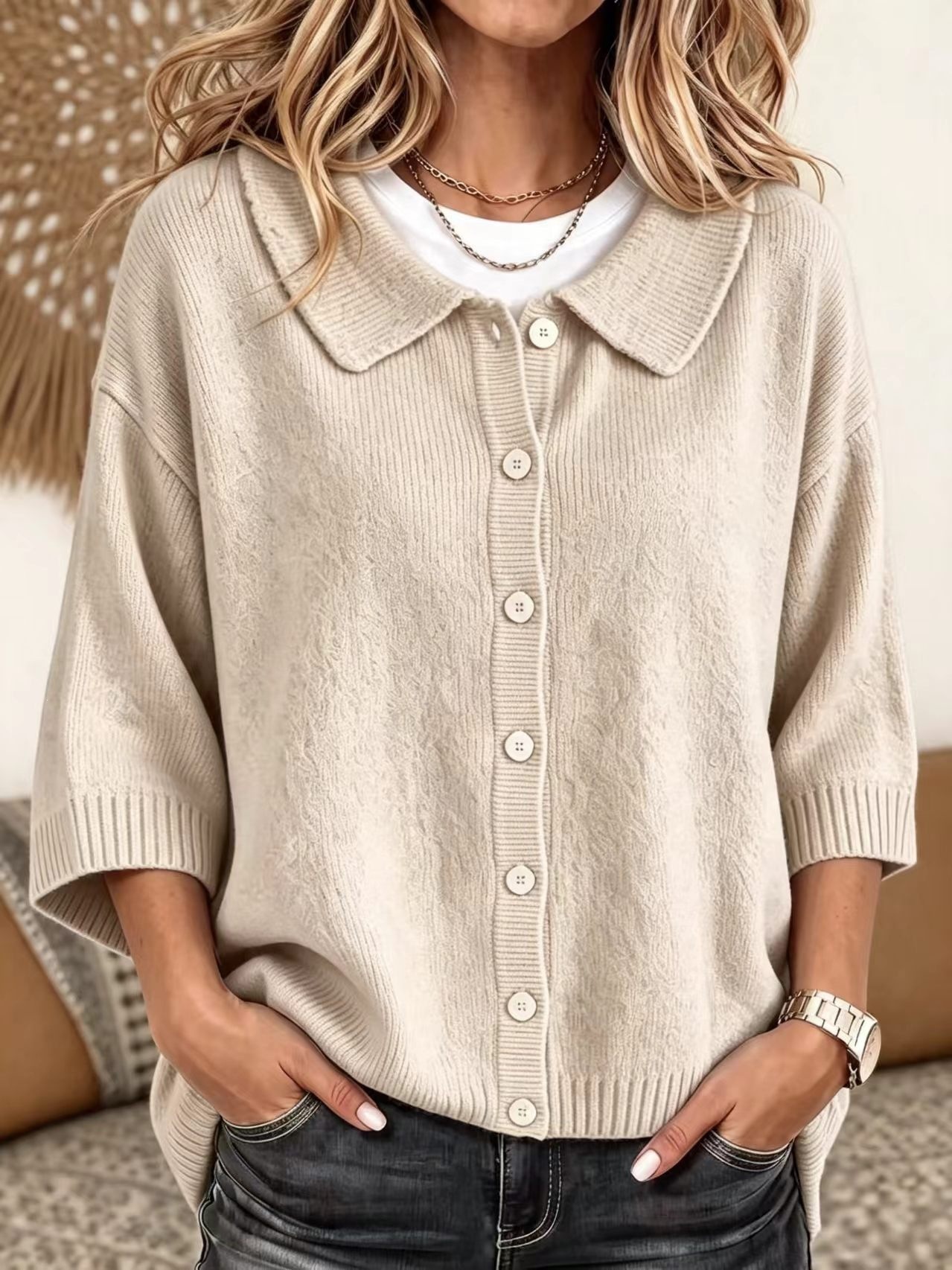 Fashionable And Versatile Three-quarter-sleeve Button-up Sweater Cardigan - Image 3