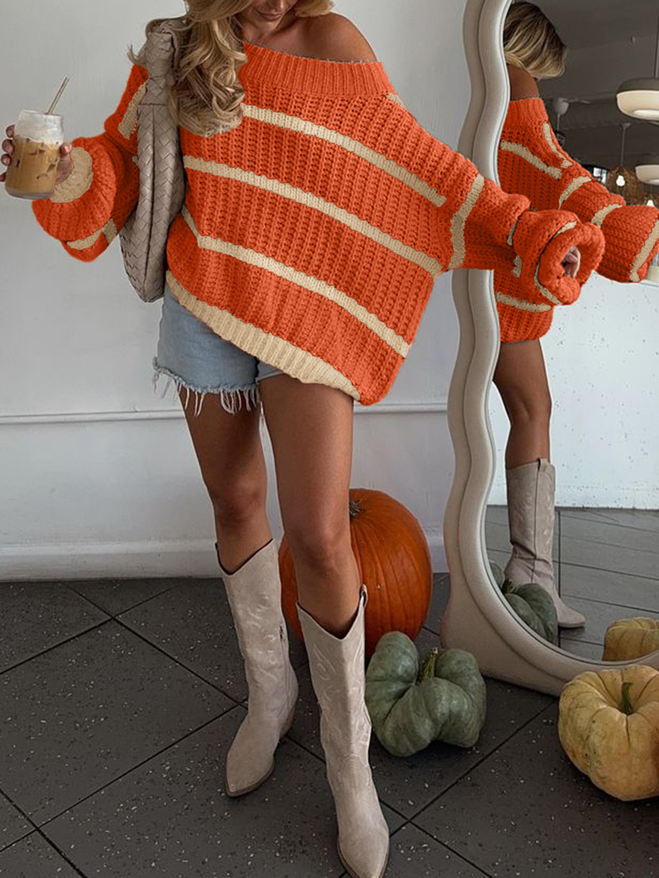 Off-shoulder Collar Color-block Striped Loose Casual Top For Halloween - Image 2