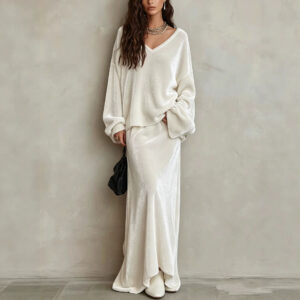 Velvet Loose-fit V-neck Long-sleeve Womens Set