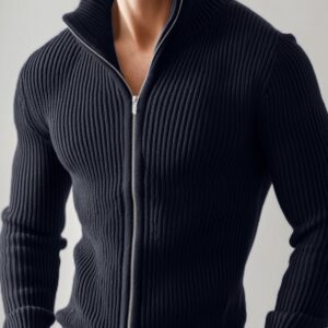 Cross-Border European And American New Style Men's Versatile Zip-Up Cardigan Long-Sleeve Jacket With Ribbed Stand Collar, Slim-Fit Solid Color Top